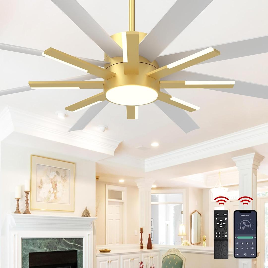 72 inch Large Ceiling Fans with Lights and RemoteIndoor/Outdoor Modern Ceiling Fan for Living Room Patio6 Speed Reversible8 Blades and 9 Lights3 CCTWhite Gold
