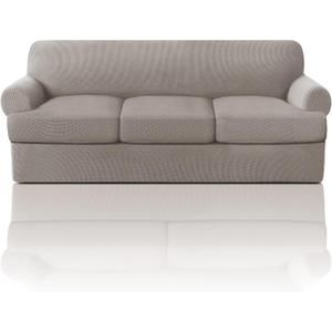 PrinceDeco T Cushion Sofa Slipcover 4 Pieces Sofa Covers for T Cushion Couch Soft Sofa Slip Covers Furniture Protector with 3 Individual T Shape Seat Covers Width Up to 88 Inch, Taupe