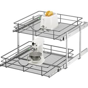 2 Tier Pull Out Cabinet Organizer - 23" W x 22" D Soft Close Slide Out Shelves with Shelf Liners - Pullout Drawers for Kitchen Cabinets, Pantry, Bathroom, Heavy Duty Steel Wire Baskets