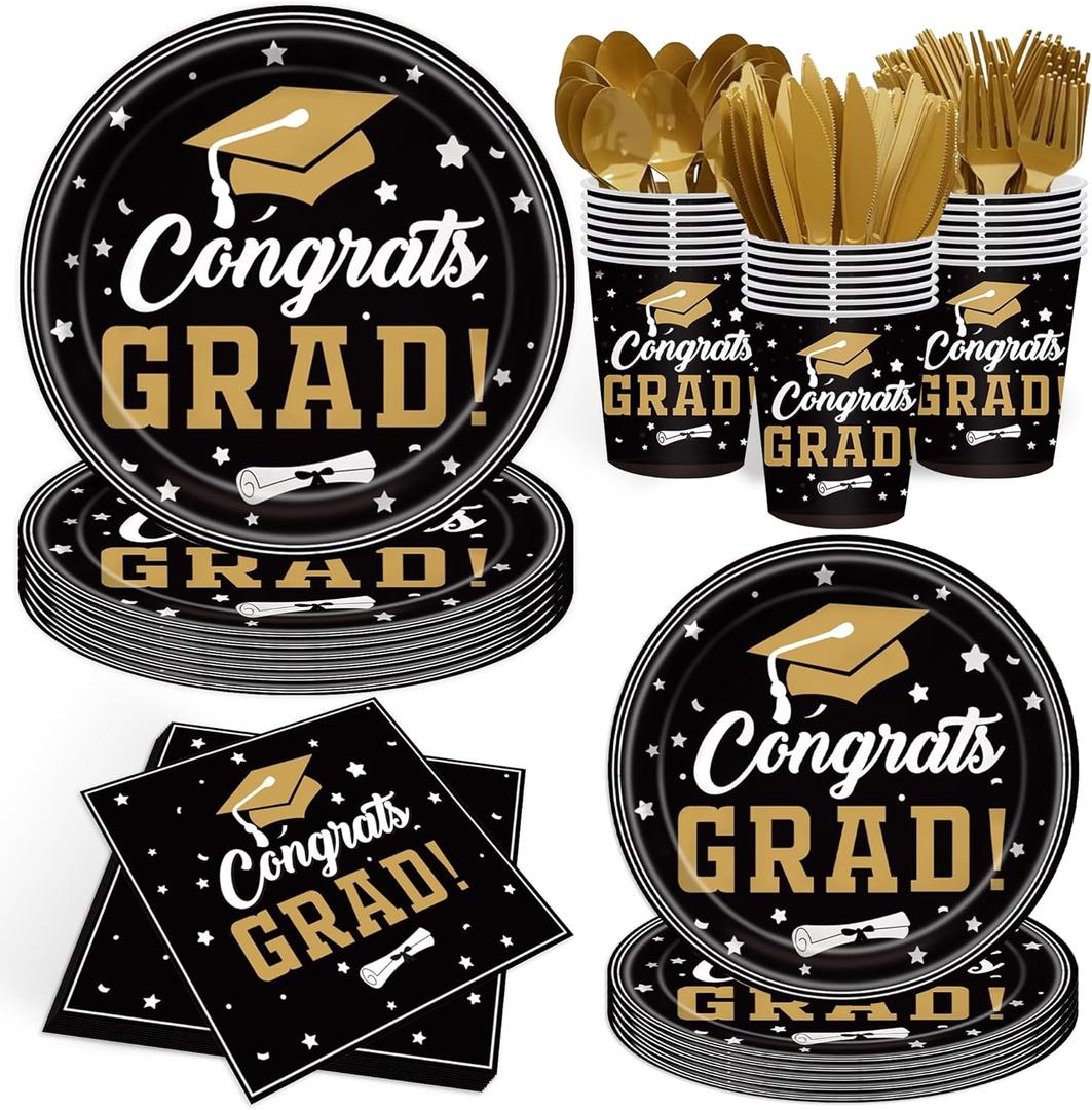 140PCS Graduation Party Supplies Congrats Grad Plates and Napkins Graduation Party Decorations Black Gold Disposable Tableware Set Congrats Grad Party Paper Plates, Serve 20 Guest