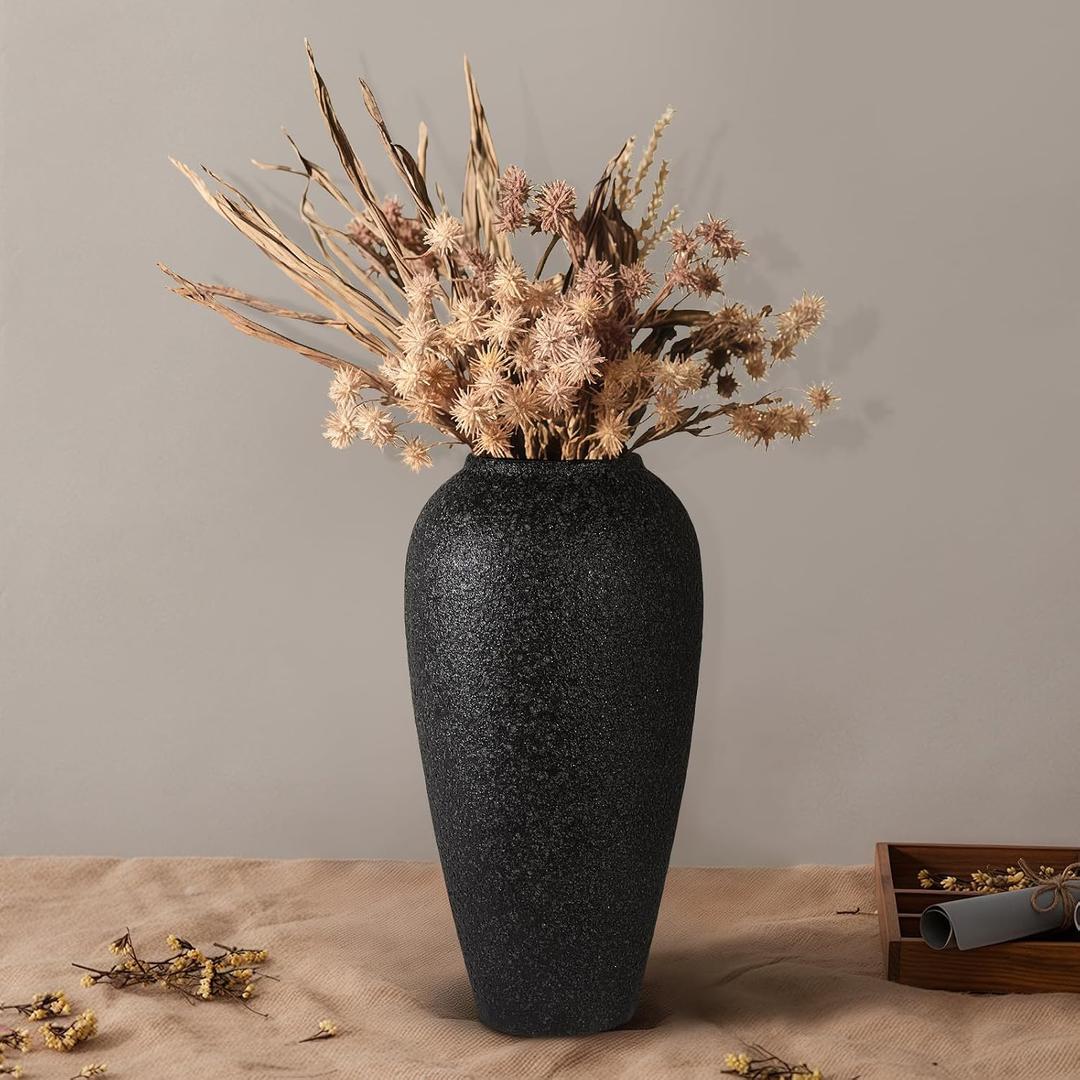 Rustic Large Ceramic Vintage Vase,Matte Black 13.4 Inch Tall Pottery Farmhouse Floor Vase for Living Room Entryway Table Centerpiece Decor,Boho Decor Terracotta Vases for Wedding Housewarming Gift