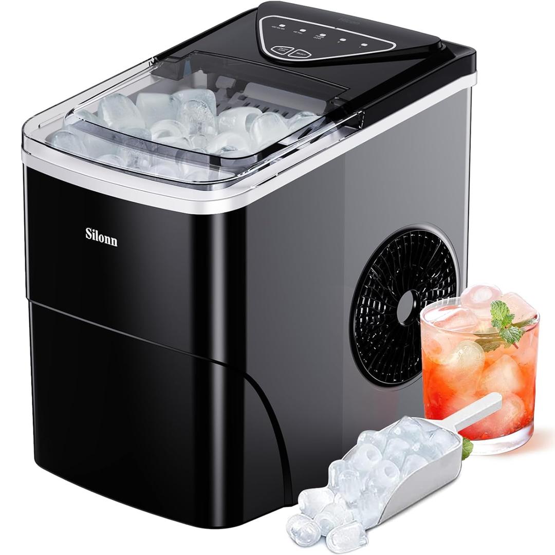 Silonn Countertop Ice Maker, 9 Cubes in 6 Mins, 26lbs/24H, Ice Makers Countertop with 2 Ice Sizes, Self-Cleaning Ice Machine, Scoop & Basket for Home Kitchen Office Bar Party