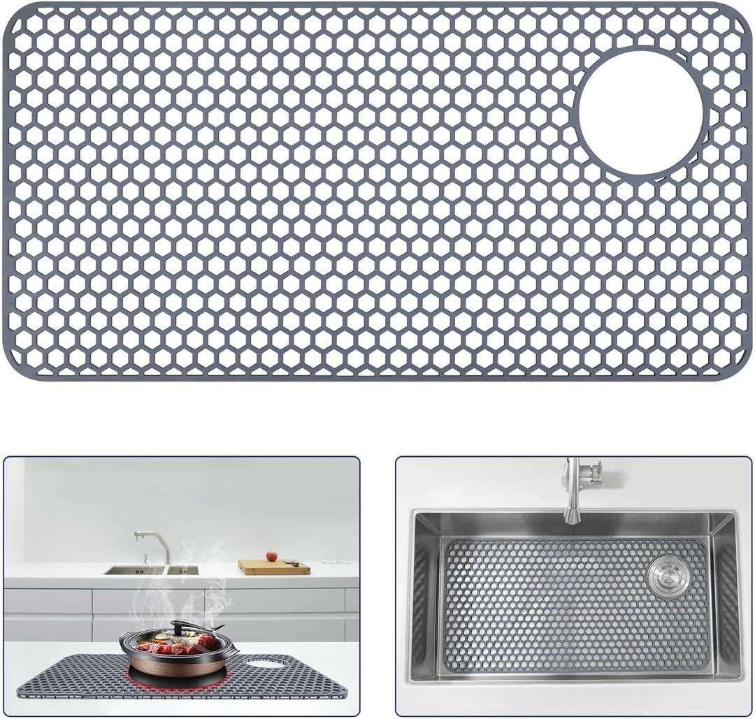 Silicone Sink Protector 28.3"x14.3" Right Drain Hole, Heat Resistant Non-slip Dishwasher Suitable, Large Sink Mat for Bottom of Farmhouse Kitchen Stainless Steel Sink