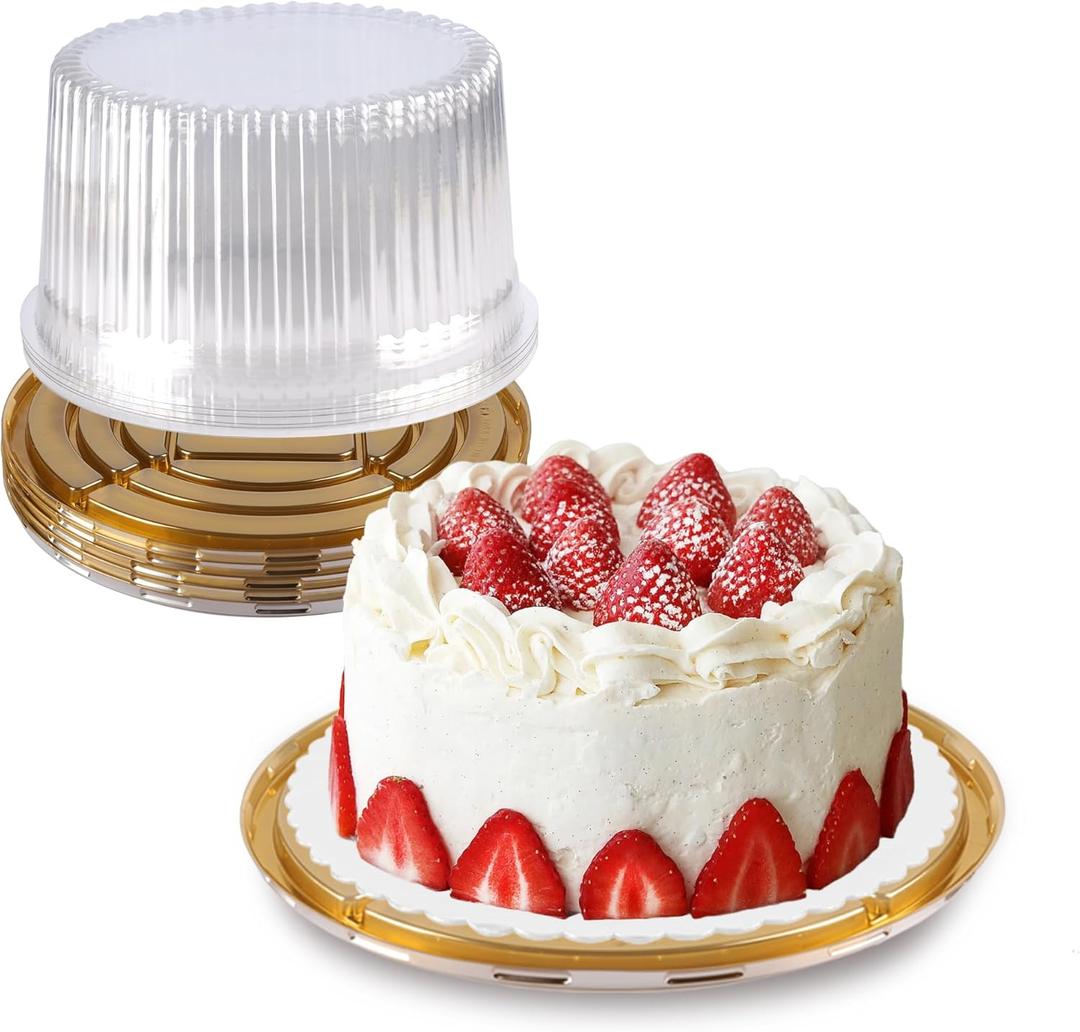 NPLUX 10 Inch Plastic Cake Carriers Gold Cake Containers with Lid and White Cake Boards, Clear Cupcake Holder for 1-2 Layer Cheesecake, Bundt Cake Pie Bakery Supplies(5 Pack)