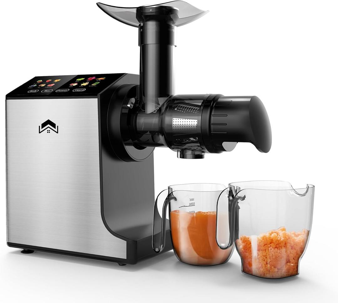 Cold Press Juicer, Masticating Juicer Machines Easy to Clean with Brush, Touch Screen Stainless Juicer Machines for Vegetable & Fruit, Juice Extractor with Quiet Motor & 2 Speed Modes, Black