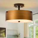 Gold Semi Flush Mount Ceiling Light, Modern Drum Chandelier with Brass Gold Metal Shade, Vintage Close to Ceiling Light for Kitchen Entryway Bedroom Laundry Room, 3-Light, 12 Inch