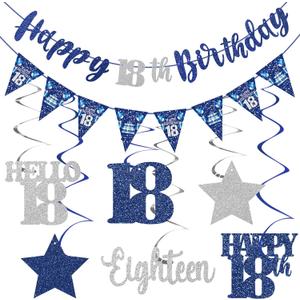 Blue Silver 18th Birthday Decorations for Boys Girls, Happy 18th Birthday Banner Stars Eighteen Years Old Hanging Swirls Hello 18 Bday Decor Party Supplies Sign