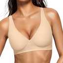 OEAK Womens Jelly Bras Wireless Deep V Bralette Comfy Push Up Tshirt Bras, X-Large, BEige