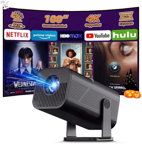 Smart Projector with WiFi and Bluetooth, 4k Support Portable Outdoor Projector, 200 ANSI Lumens, 210° Rotatable Stand, Auto Keystone, Built-in App Movie Proyector for Home & Camping (Black)