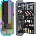 RGB Lighted Mirror Jewelry Armoire Organizer,LED Jewelry Cabinet Wall/Door Mounted, Over the Door Full-Length Lockable Rounded Wide Mirror with Storage Interior Mirror Black Gift for Her Chrismas