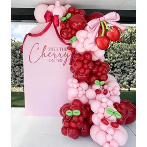 PageebO Cherry Birthday Decorations,146pcs Red and Pastel Pink Latex Balloons with Cherry Balloon for Cherry on TOP Baby Shower Decorations Girl Birthday Berry First Cute Fruit Party Favors Home Decor