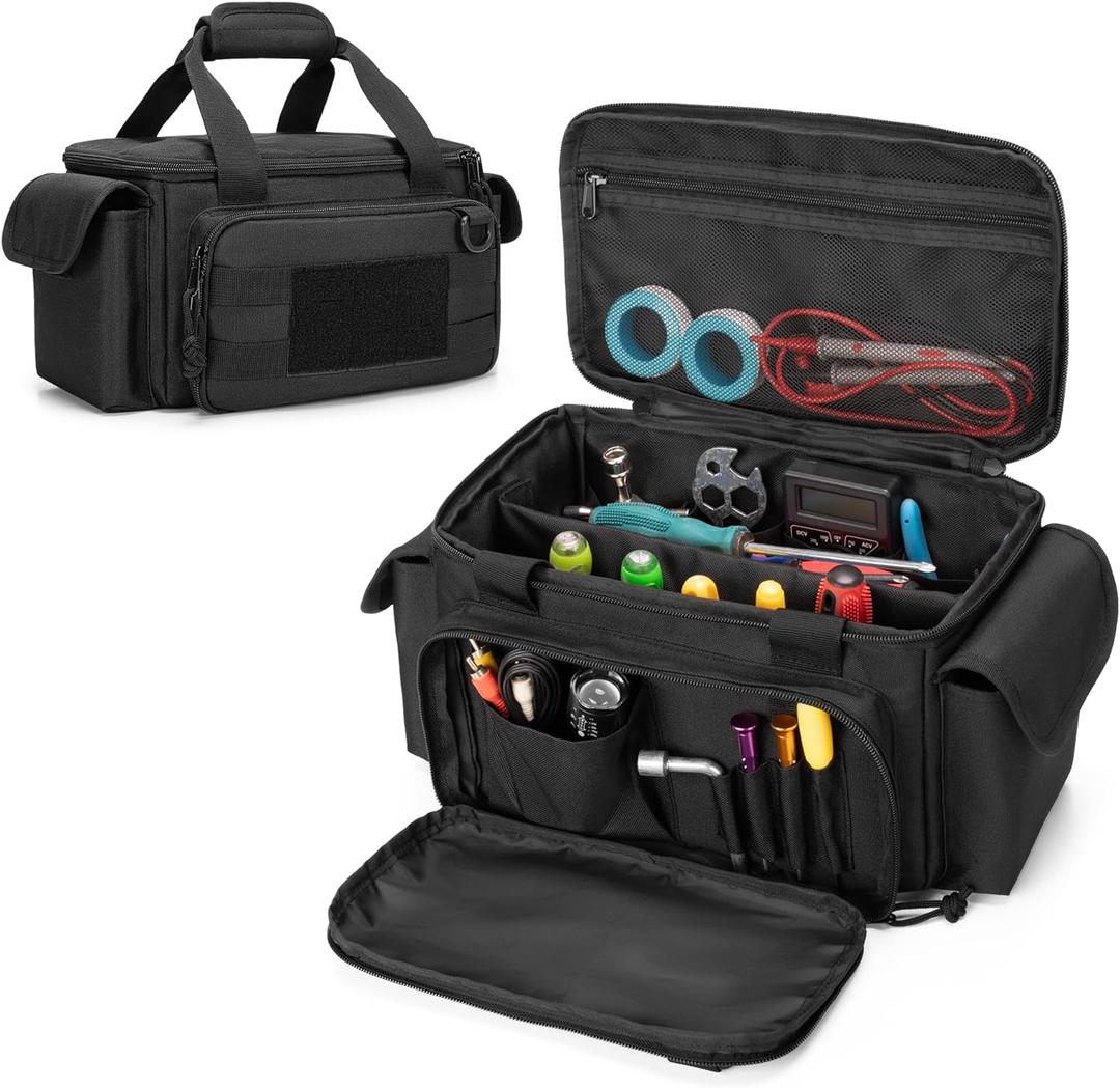 Rexmica Small Tool Bag with Anti-friction and Thick Padded Bottom, Tool Storage Organizer for Men, Tactical Bag, Range Bag, Multi-functional Work Tote for Repairman, Electrician, Carpenters, Handyman (Black)