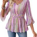 Timeson Women's 3/4 Sleeve Tops Dressy Casual V Neck Floral Blouses Elastic Waist Fall Shirts (Pink, L)