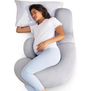 Momcozy Cooling Pregnancy Pillow,Original F Shaped Maternity Pillow for Pregnant Women with Adjustable Wedge Pillow, Full Body Support Pregnancy Pillows for Side Sleeping with Velvet Cover, Light Grey