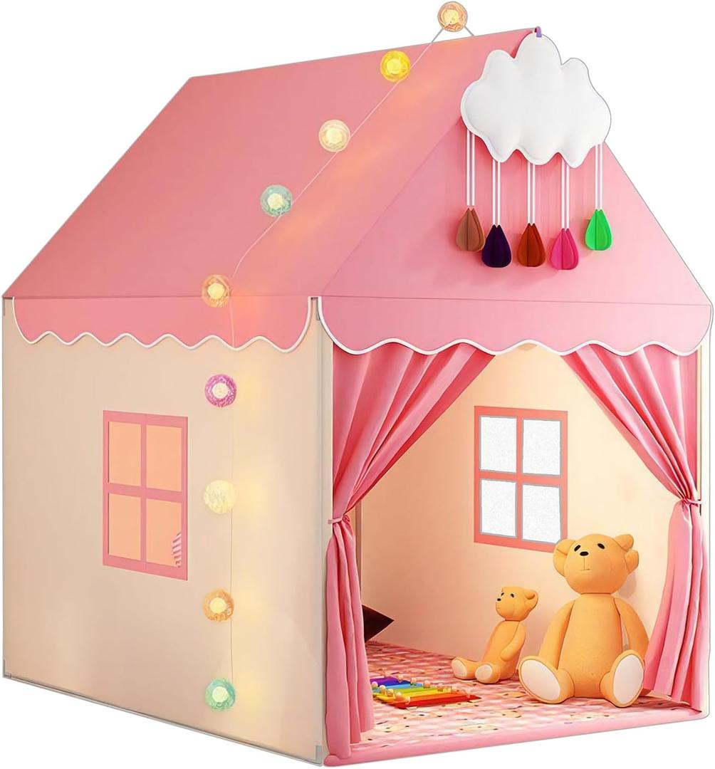 Pink Kids Play Tent with Mat, Cloud and Ball Lights Large Playhouse for Children and Girls Princess Castle Tent for Bed- Indoor & Outdoor Camping Tent(Cloth Door & Metal Rack)