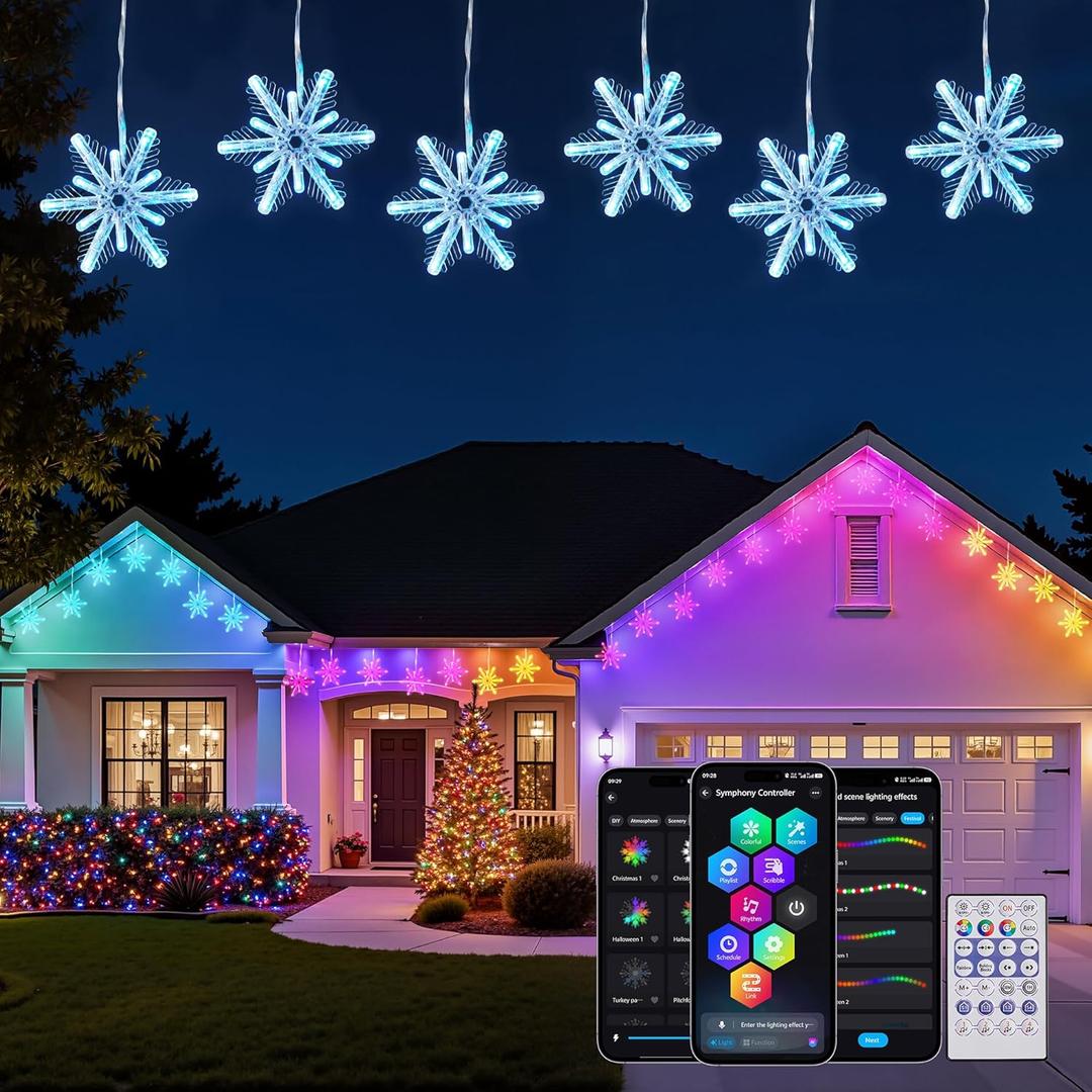 Brightown Smart Christmas Snowflake Lights Outdoor, 24ft 192LED with 16 Drops Icicle Lights with APP Control & Music Sync, Waterproof Connectable, 80+ Scene Modes for Roof, Yard, Patio, Window (DIY Color)