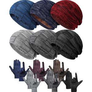 12 Pcs Winter Beanie Hats and Touch Screen Gloves Set Includes 6 Warm Beanie Slouchy Knitted Skull Hats and 6 Pairs Touchscreen Gloves for Men Women Warm Snow Cold Weather with Fleece Lined