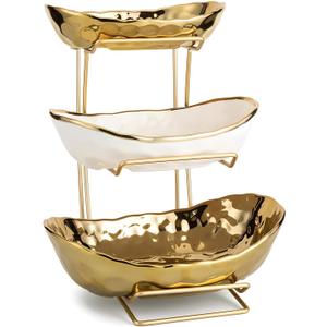 3-Tier Gold Fruit Bowl & Tray with Metal Stand - Ceramic White, Triple Layer for Snacks, Nuts, Bread & Candy Storage, One Size
