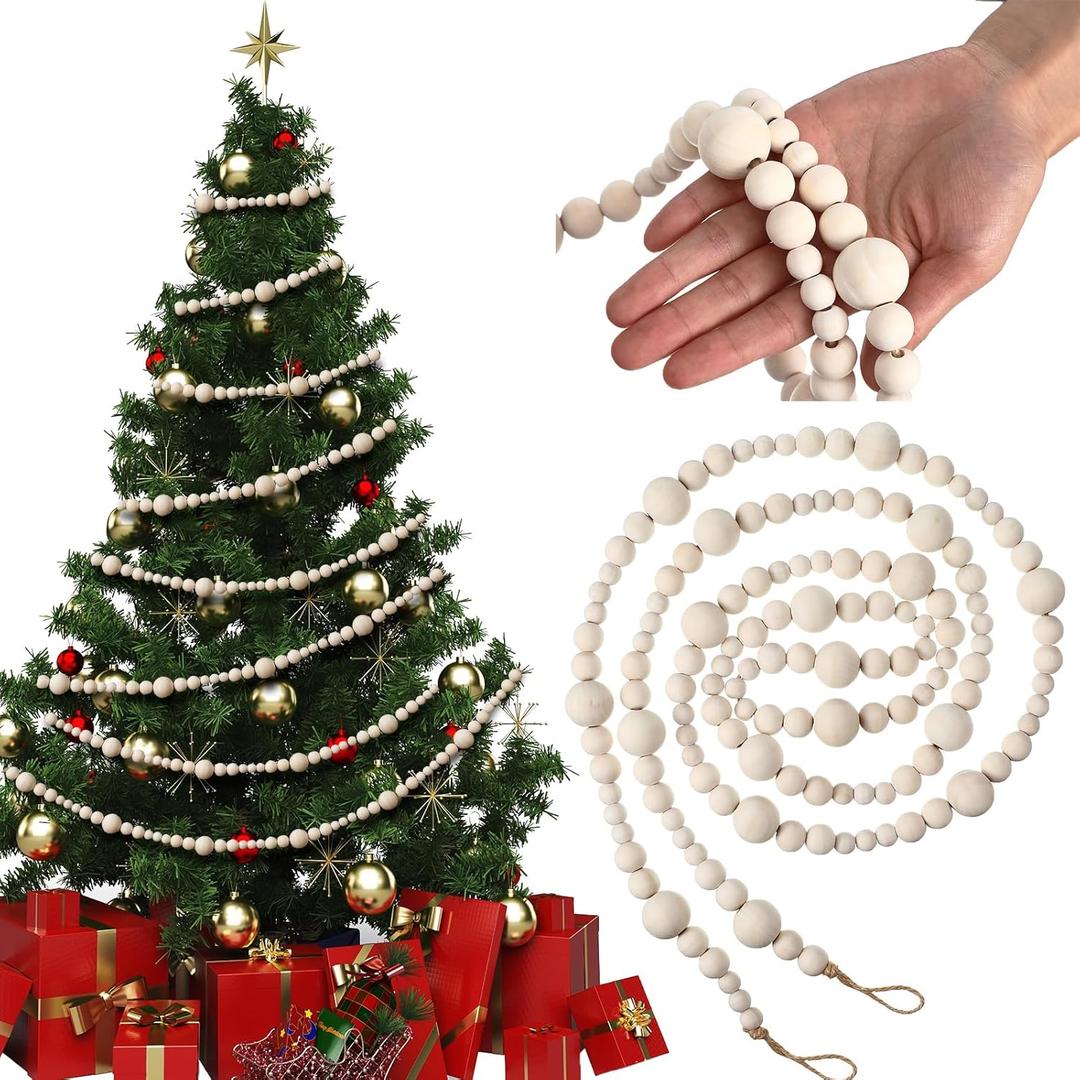 Syhood 2 Pcs 13.6 Feet Christmas Wooden Beads Garland for Christmas Tree Wood Bead Garland Decor Boho Beads Wall Hanging Garlands for Xmas Tree Farmhouse Country Holiday Decoration(Wood Color)