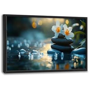 Zen Large Canvas Wall Art for Living Room, Lotus Framed Wall Decor, Stones in Water Landscape Pictures Painting, Modern Artwork for Spa Bathroom Bedroom 36L'' × 24W''