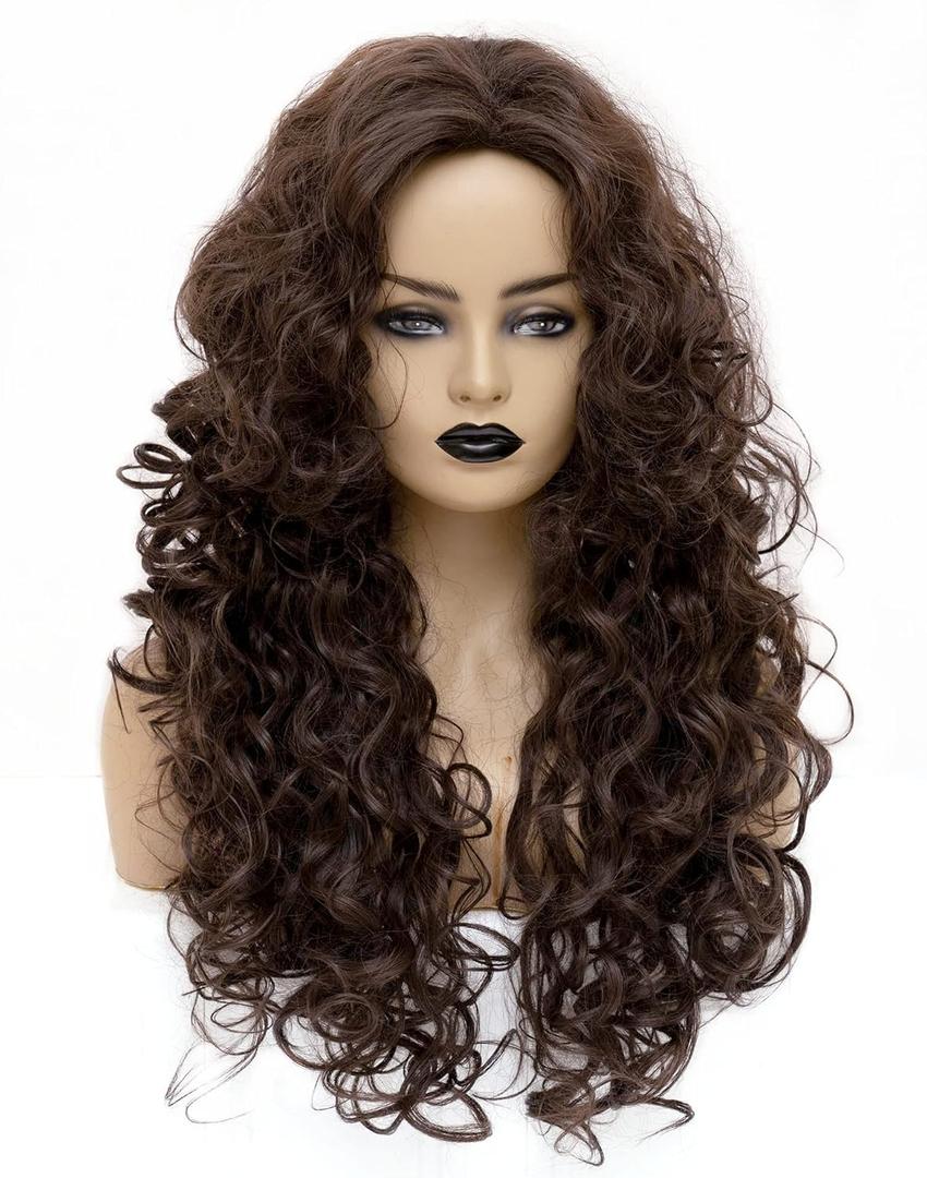 28 Inches Long Wavy Wigs for Women Dark Brown Natural Curly Synthetic costume Hair Wig Fluffy Full Head Halloween Wig