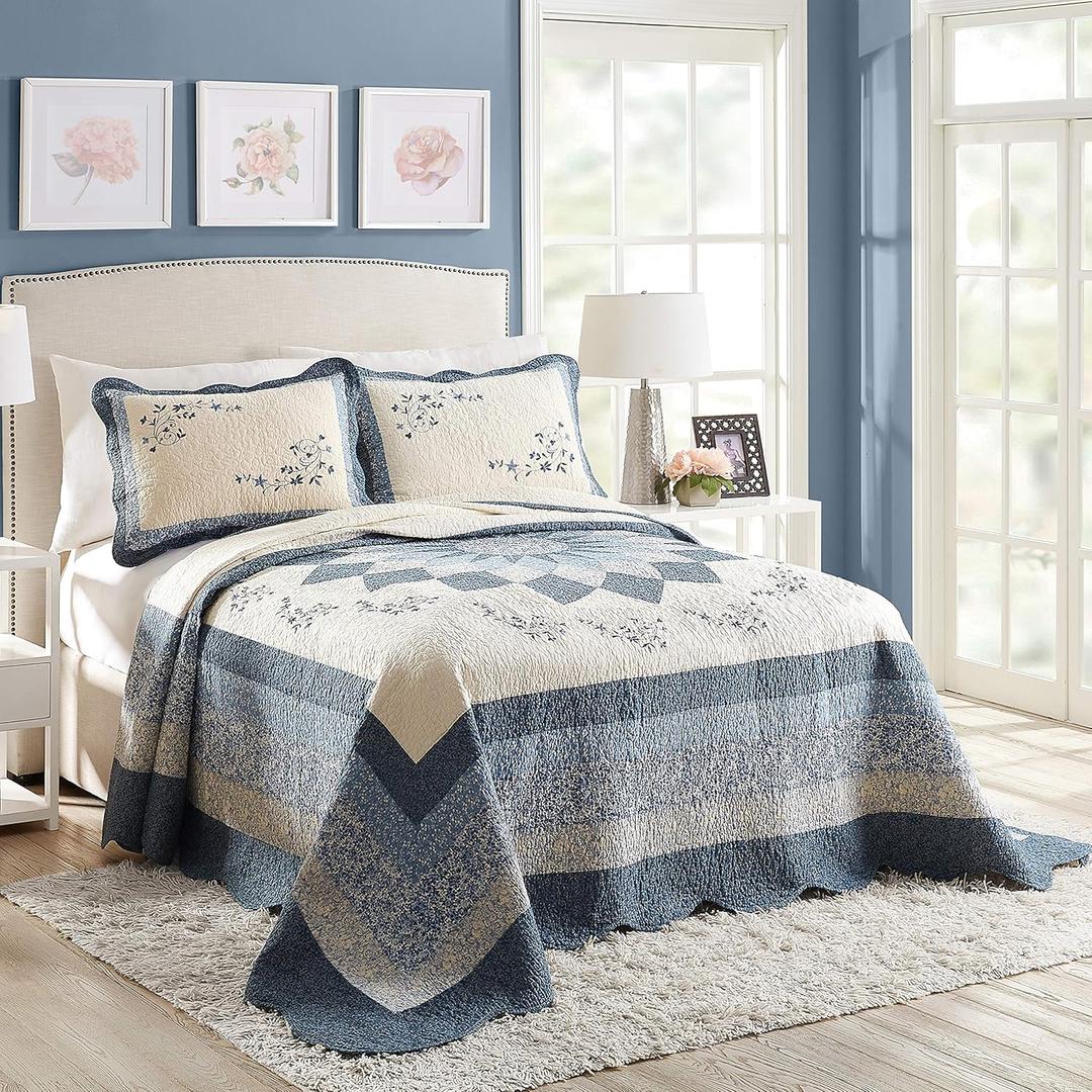 Blue Floral Embroidered Quilted Bedspread - Lightweight Breathable All Seasons Bedding, Full Size (Full Bedspread)