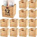 Jinei 12 Pcs Wicker Storage Basket Bulk Handwoven Water Hyacinth Cube Bin with Handles Woven Laundry for Organizer Shelves(10 x 10 x 10 Inch,Wood Color)