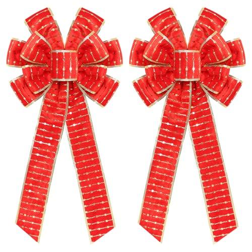 HSTCRAFTLIFT 2PCS Red/Gold Velvet Christmas Bows with Gold Shiny Patches - 11"x19.6" Holiday Decor for Tree Topper Wreaths Door Windows Fireplace Fence Porch Gifts Parties Indoor/Outdoor Decorations