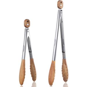 12 & 15 Inch Long Wooden Tongs for Cooking & Serving Food, Kitchen Stainless Steel Salad Tongs with Acacia Wood Tip, Smooth Locking & Hanging Cooking Utensils Set, Non-Slip, Heat Resistant, Pull Lock