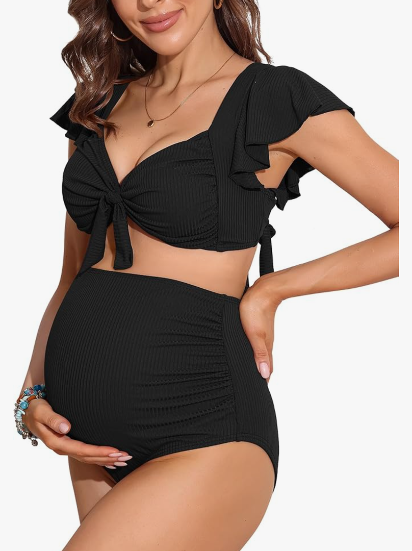Charmo Maternity Swimsuit Two Piece Ruffle Sleeve Ribbed Ruched Bikini Tie Knot High Waisted Pregnancy Swimwear, XL.
