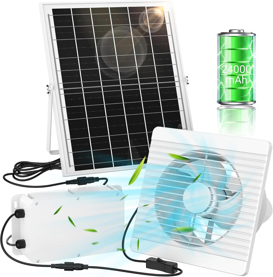 Solar Exhaust Fan with 24000mAh Battery, 25W 9.8" Solar Powered Fan for Day/Night Use, 3200 RPM High-Speed Low Noise Waterproof Ventilation Fan for Chicken Coops, Greenhouses, Garages & Sheds