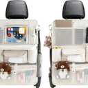 Car Backseat Organizers 2 Pack with Foldable Trays - PU Leather Back Seat Organizers with 11 Storage Pockets, Tablet Holders, Seat Back Protectors for Kids Family Travel Accessories (Beige)