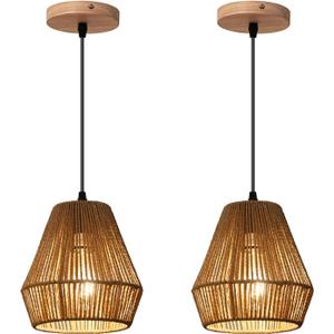 Woven Rattan Pendant Light Fixture, 7'' Mini Boho Pendant Lights Kitchen Island 2 Pack Farmhouse Natural Hanging Pendant Lighting with Handwoven Basket Shade for Bedroom Foyer Bar Hallway (Wood Canopy+Brown)