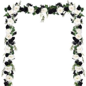 Dear House 2Pcs Artificial Peony Flower Garland - Silk Peony Garland with Black White Flowers for Wedding Party Table Decoration,6ft/Strand (2, White & Black)