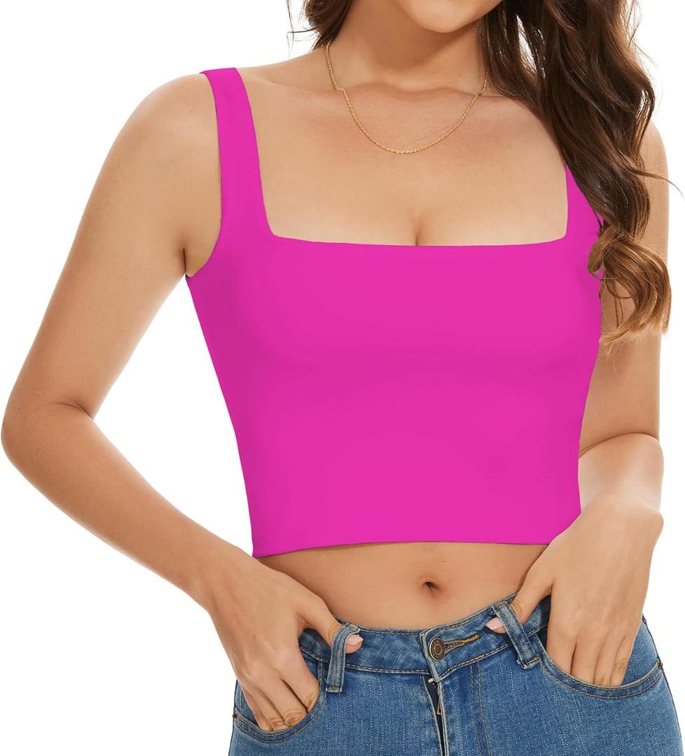 Womens Sleeveless Crop Tops Square Neck Double Layer Workout Fitness Basic Cropped Tank Top (Pink, XL)