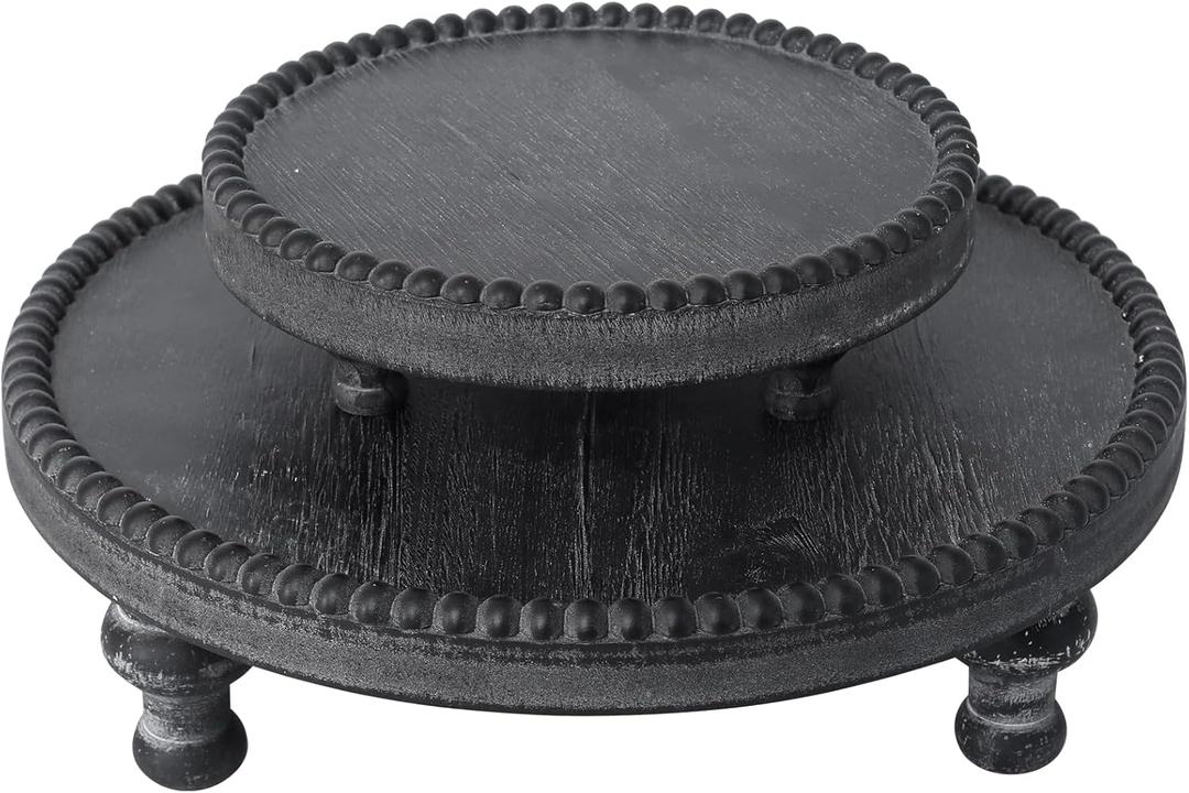 SwallowLiving Rustic Set of 2 Black Round Wood Tray Riser Farmhouse Pedestal Stand with Beaded Edge for Decor Whitewash Finish Wooden Cupcake Display for Cakes and Decorative Items 11.8/7.5 inches