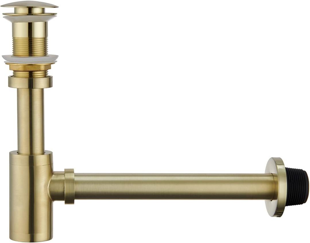 Brass P Trap with Bathroom Sink Stopper : 1-1/4 Sink Drain Round Bottle Trap Set No Overflow - Adjustable Height, Brushed Gold - Complete Basin Sink Plumbing Kit for Pipe Replacement