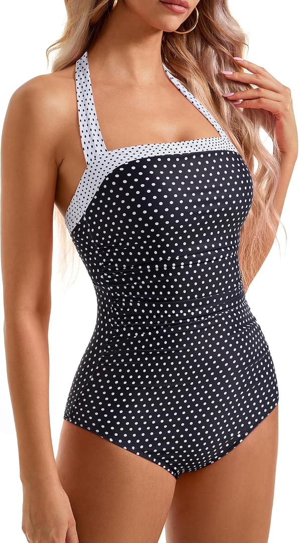 SUUKSESS Women Sexy Tummy Control One Piece Swimsuits Halter Slimming Retro Monokini Bathing Suits Color Block Swimwear(Black White Polka Dots,S)