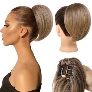 REECHO Ponytail Extension, 8" Short Mini Claw Clip Pony Tail Hair Extensions Natural Soft Feather-Light Tension-Free Ponytail Hairpiece for Women - Light Brown with Golden Ends
