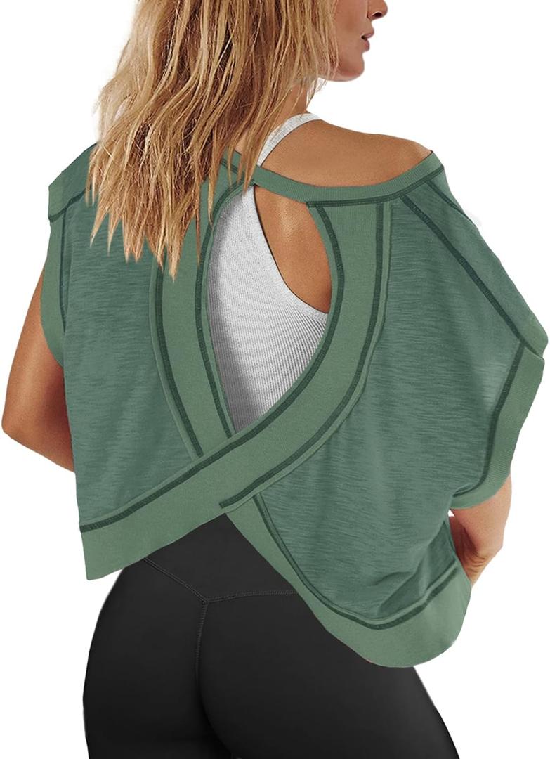 Panadila Womens Open Back Workout Top Oversized Workout T Shirts Backless Athletic Shirt Short Sleeve Baby Tee (Large, Army Green)