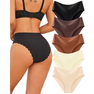 FINETOO Seamless Underwear for Women High Waisted Panties Scalloped Edge Sexy Cheeky Bikini No Show Briefs S-XXL 5 Pack