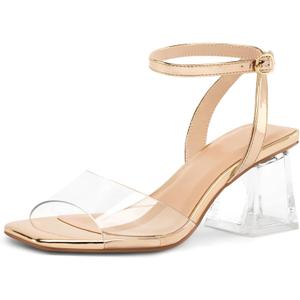 mysoft Women's Clear Heels Low Chunky Heel Open Toe Transparent Zebra Rhinestones Block Heeled Sandals Ankle Strap Shoes (Gold, 9)