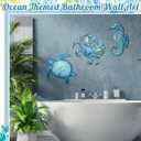Tatuo 3 Pcs Summer Coastal Wall Decor Bathroom Beach Blue Wall Art Sea Turtle Surfboard Seahorse Starfish Seashell Conches Crabs Sea Life Decor for Bedroom Home (Ocean Style)
