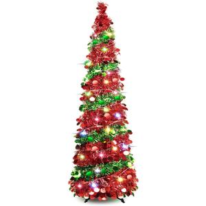 5 FT Collapsible Sequin Pop Up Christmas Tree with 90 LED Lights, Skinny Pencil Tinsel Xmas Tree with Stand for Apartments