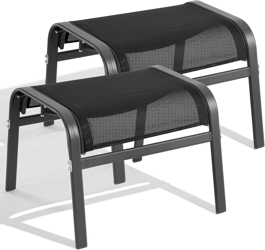 ONBRILL Outdoor Ottoman Foot Rest Set of 2, Textilene Fabric Outdoor Footstool with Tight Surface and Stable Metal Frame, Wide Use Outdoor Ottomans for Patio, Balcony, Poolside and Indoors, Black, Medium