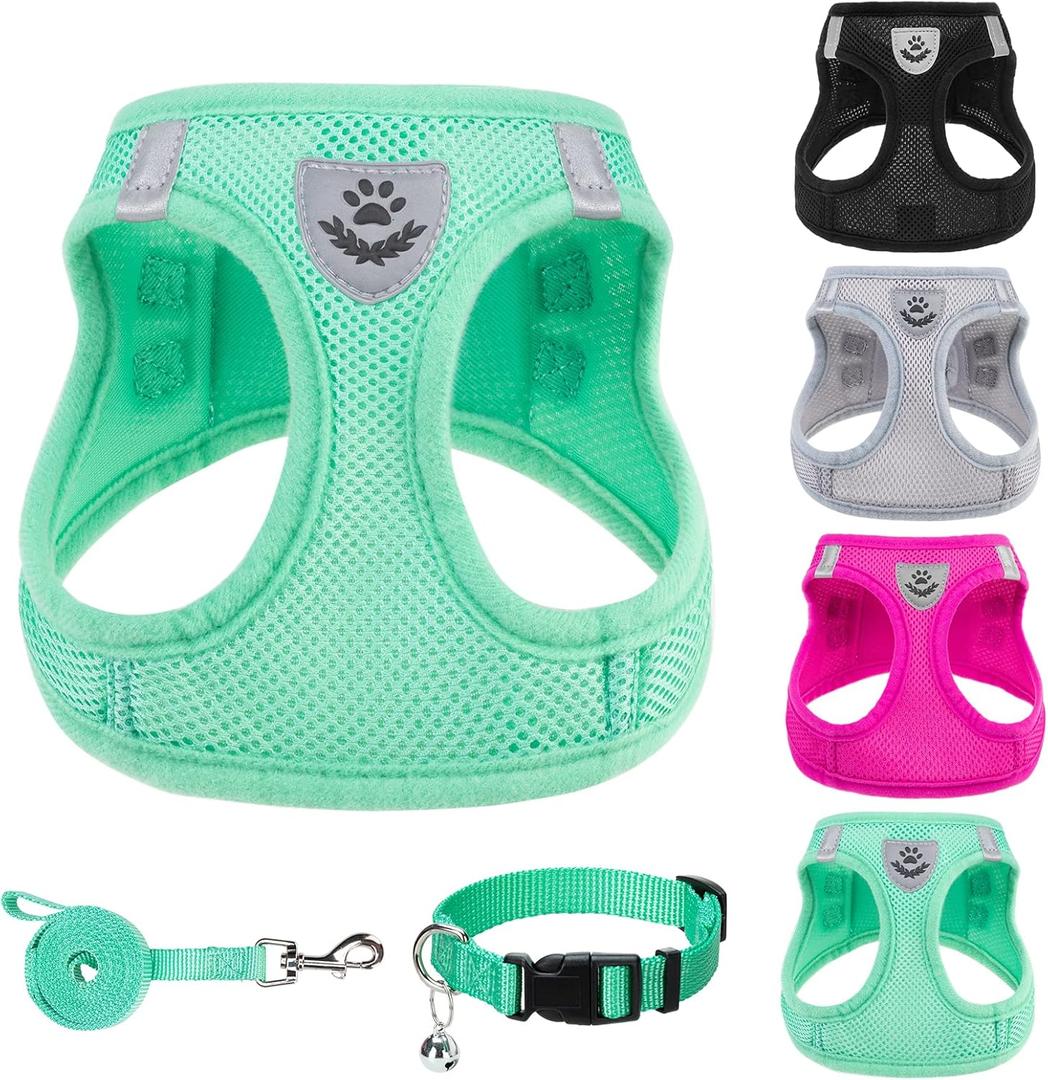 PUPTECK Adjustable Dog Harness Collar and Leash Set Step in No Pull Pet Harness for Small Medium Dogs Puppy and Cats Outdoor Walking Running, Soft Mesh Padded Reflective Vest Harnesses, Solid Green M 