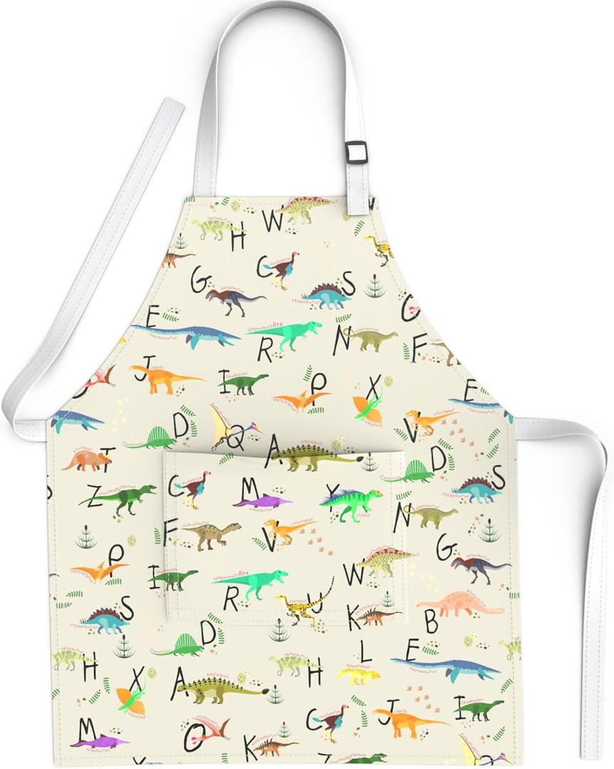 5 x Kids Aprons for Girls and Boys, Toddler Apron with Pocket for Painting, Cooking, Baking, Gardening and Crafts (Medium 6-12 yrs, Dinosaur Alphabet)