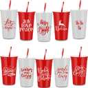 Sliner 10 Pcs 34 oz Christmas Tumbler with Straw Lid Winter Holiday Coffee Mug Cup Reusable Plastic Cup Xmas Joy Love Peace Believe School Classroom Rewards Party Supplies for Student from Teacher