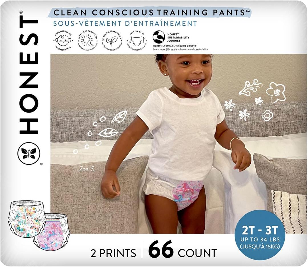 The Honest Company Clean Conscious Training Pants for Sensitive Skin | Hypoallergenic, Fragrance Free | Magical Moments + Butterfly Kisses | Size 2T/3T (up to 34 lbs), 66 Count