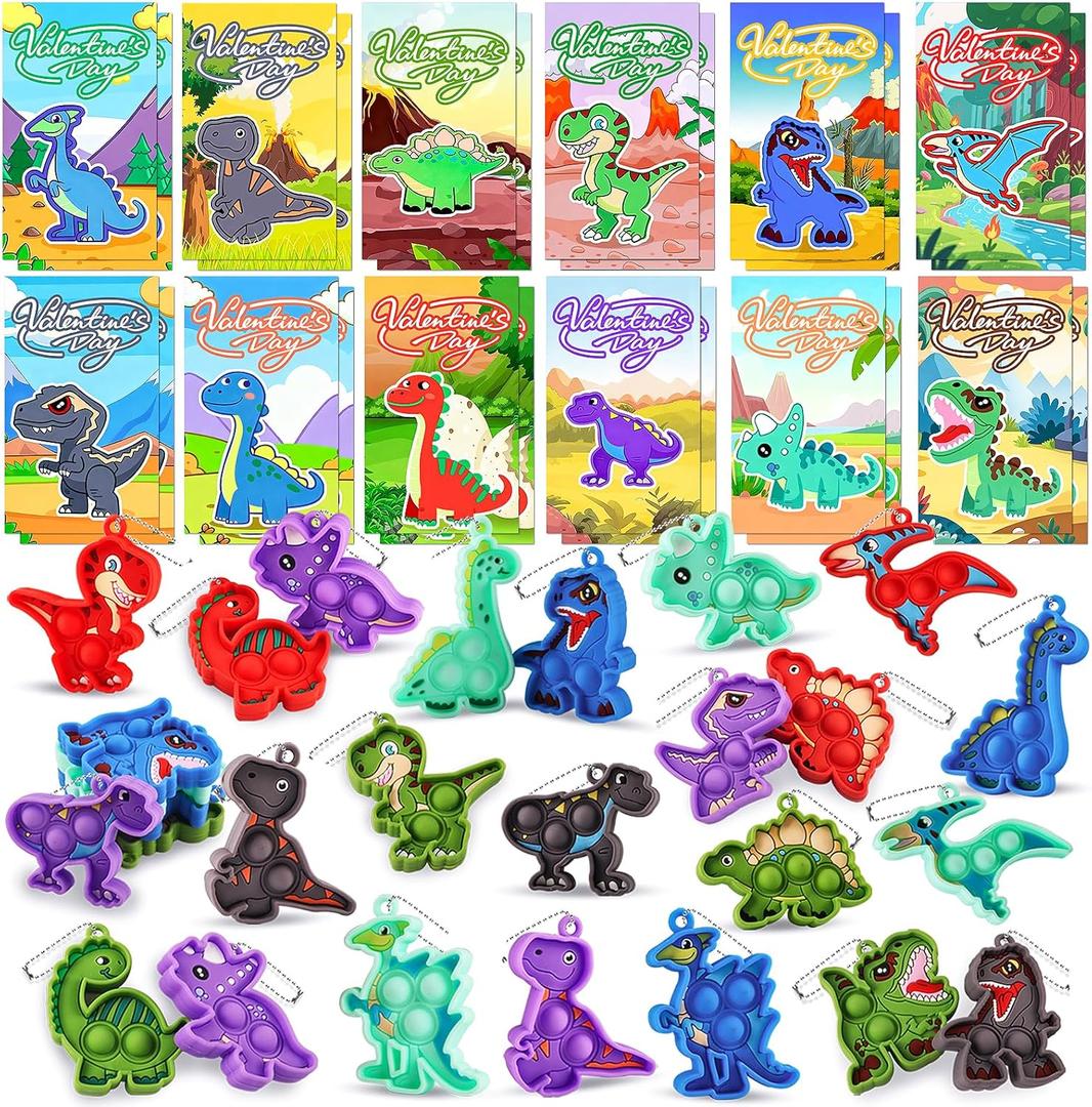 Valentines Gifts for Kids Classroom School, 24 PCS Valentines Cards for Kids with Dinosaur Pop Fidget Toys, Valentines Party Favors, Valentines for Class, Valentines Exchange Gifts for Boys Girls